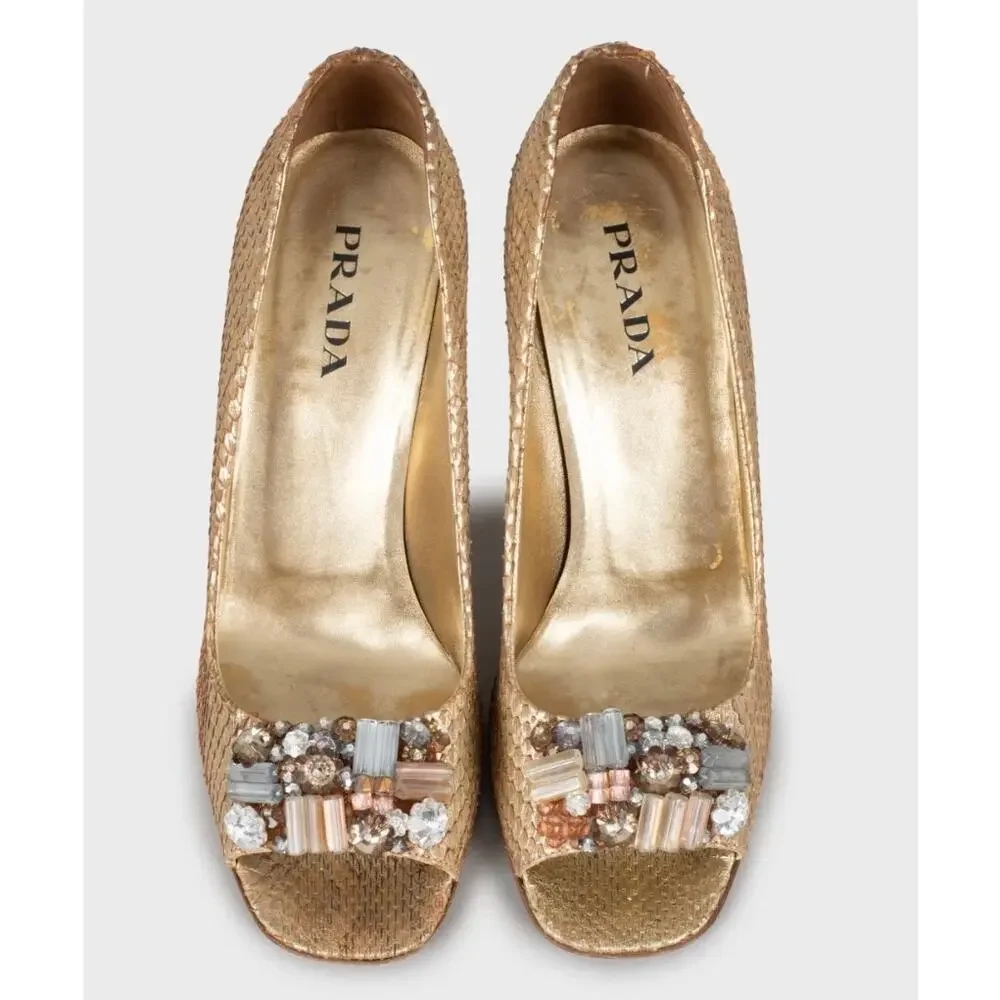 Prada Gold Snakeskin Wedge Sandals Sz. 39 - Picture 3 of 5